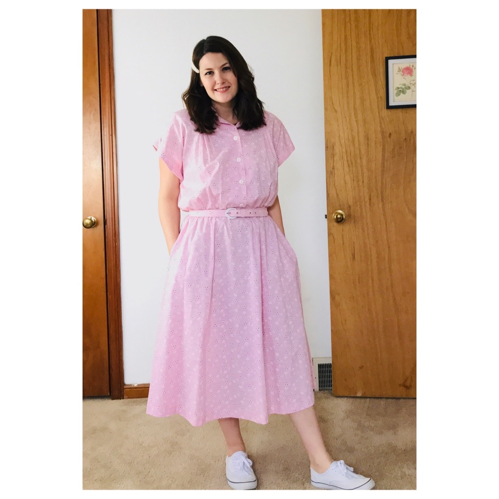 Vintage Eyelet Print Pink Waitress Style Dress